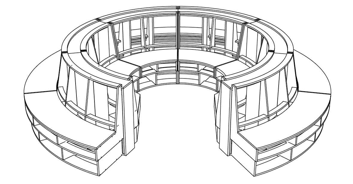 Technical drawing of a circular fixed seating frame